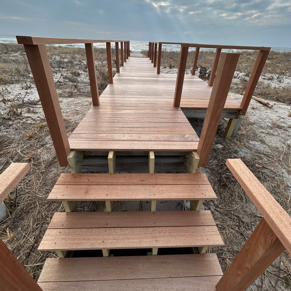 Beachfront walkway & stairs — full structural rebuild in mahogany — after