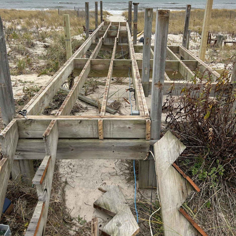 Beachfront walkway & stairs — full structural rebuild in mahogany — before
